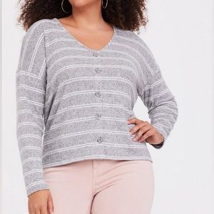 Torrid 00 Gray and White Stripe Button Front Boyfriend Hacci Top